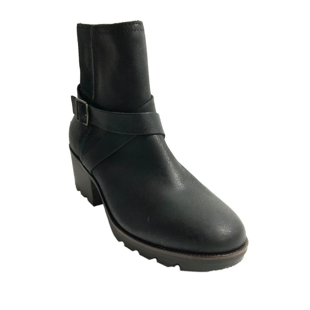 New Sorel Cate Waterproof Leather Boots Harness Buckle Zip Black 7.5
